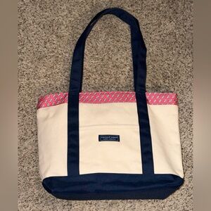 NWOT Vineyard Vines Cream Canvas Tote with Navy Straps and Pink Trim!